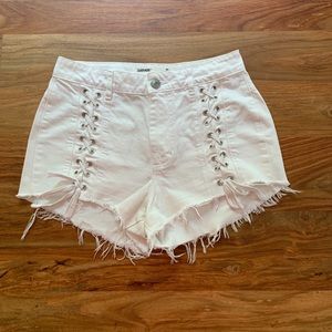 Garage high waisted white lace up jean shorts